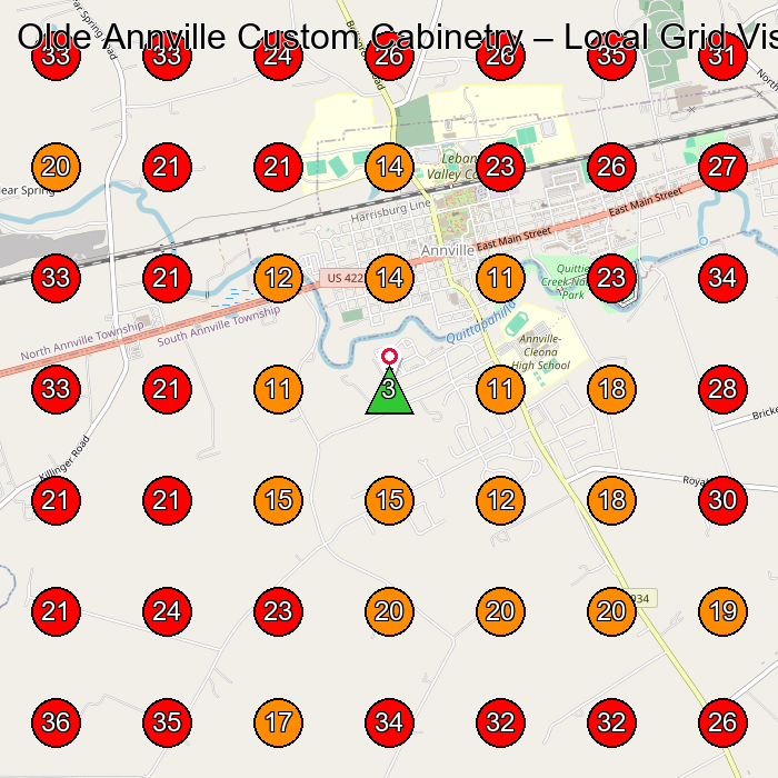 Olde Annville Custom Cabinetry GeoGrid visibility map for Cabinet Maker in Annville